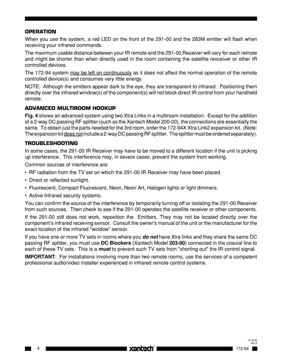 Xantech 17294 Rp installation instructions Operation, Advanced Multiroom Hookup, Troubleshooting 