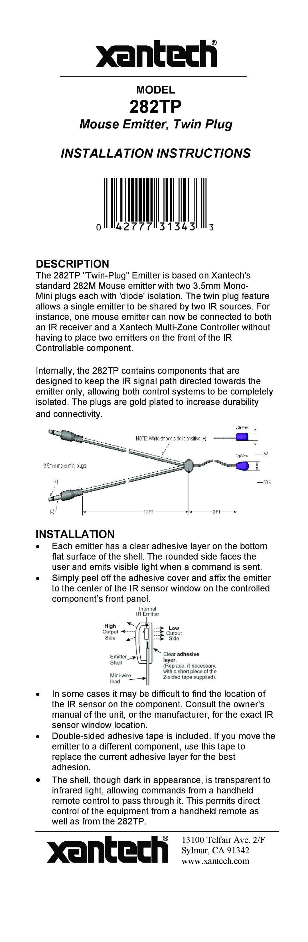 Xantech 282TP installation instructions Model, Description, Installation 