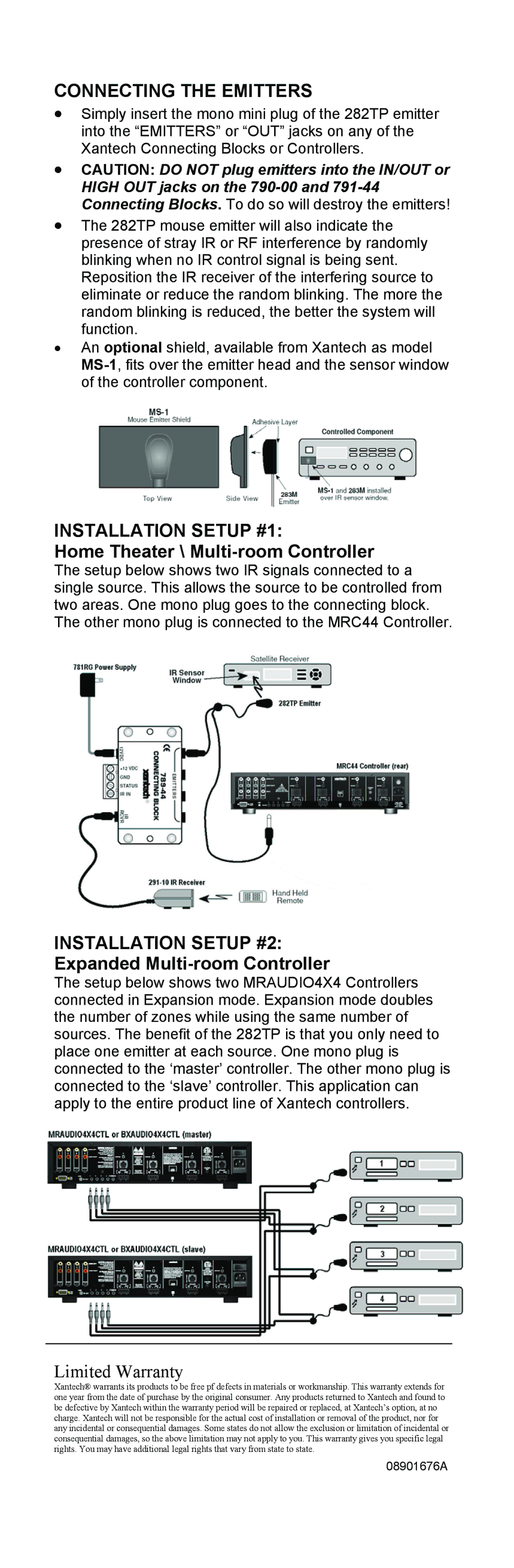 Xantech 282TP Connecting the Emitters, Installation Setup #1, Home Theater \ Multi-room Controller, Installation Setup #2 