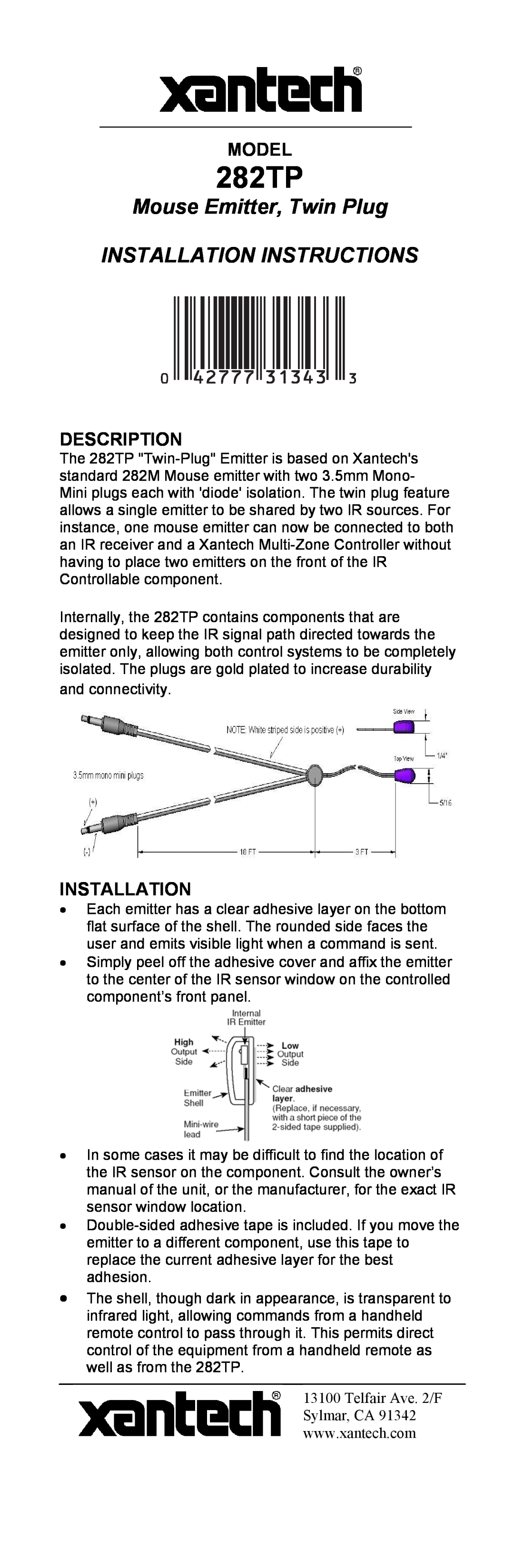 Xantech 282TP installation instructions Model, Description, Installation 
