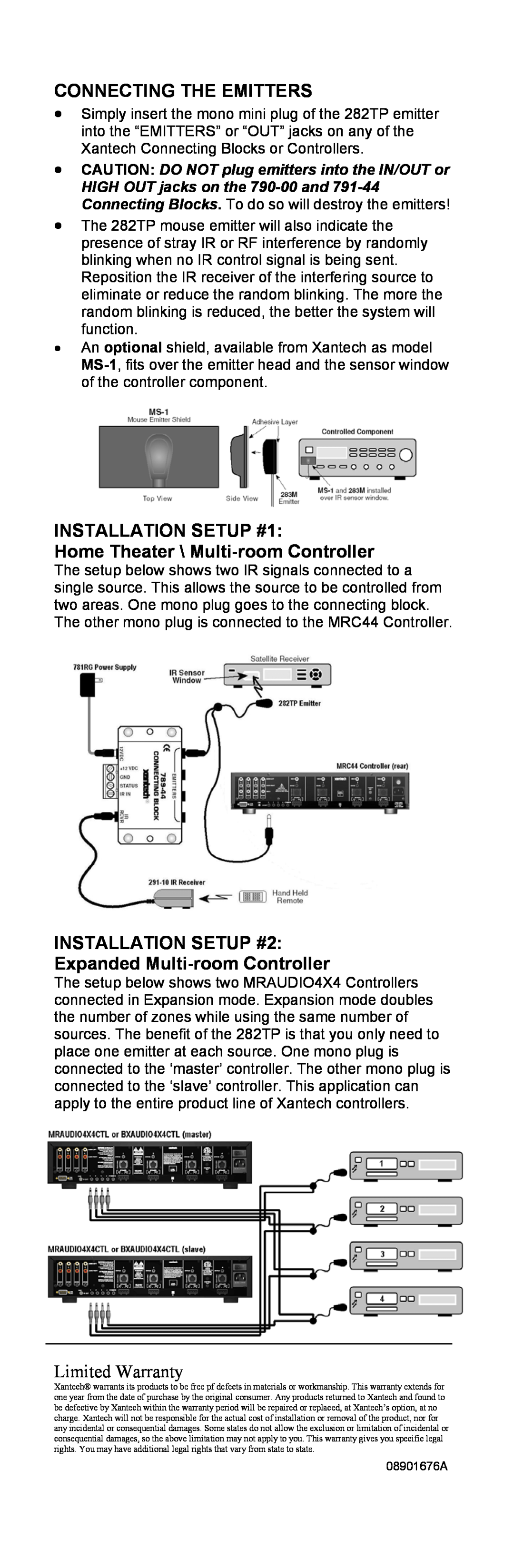 Xantech 282TP Connecting The Emitters, INSTALLATION SETUP #1 Home Theater \ Multi-room Controller, Limited Warranty 