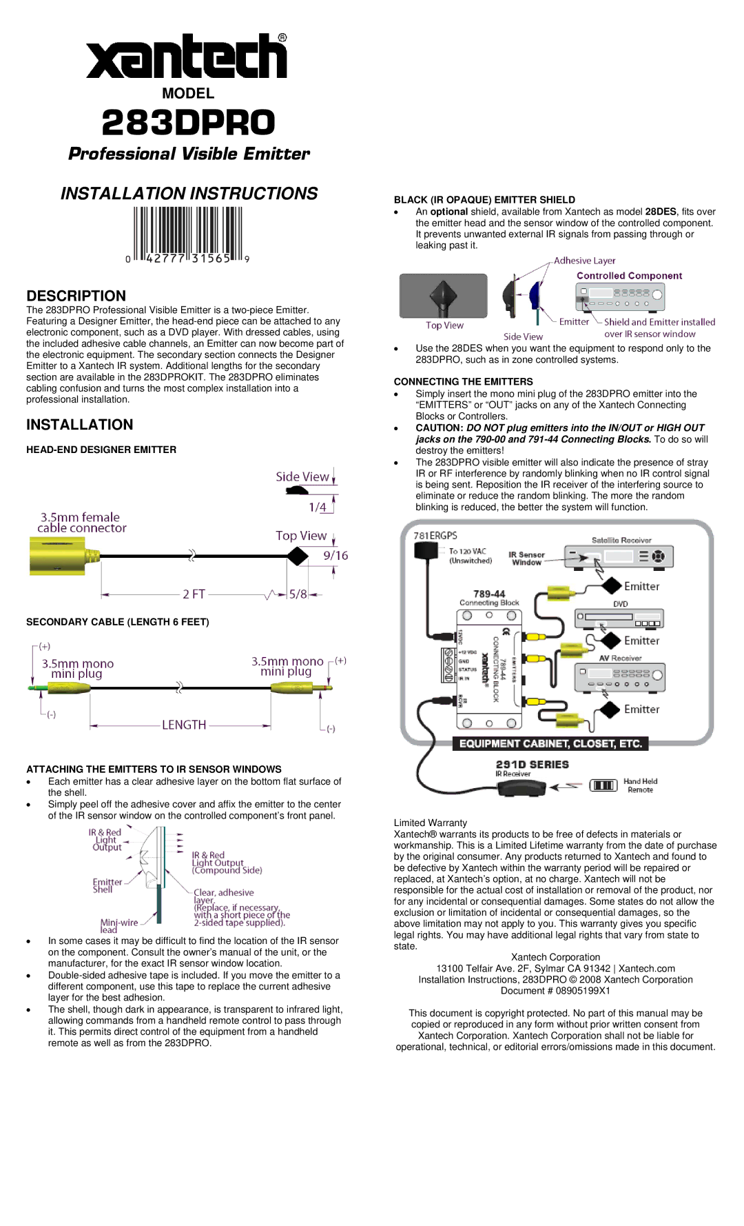 Xantech 283DPRO installation instructions Installation Instructions, Model, Description 