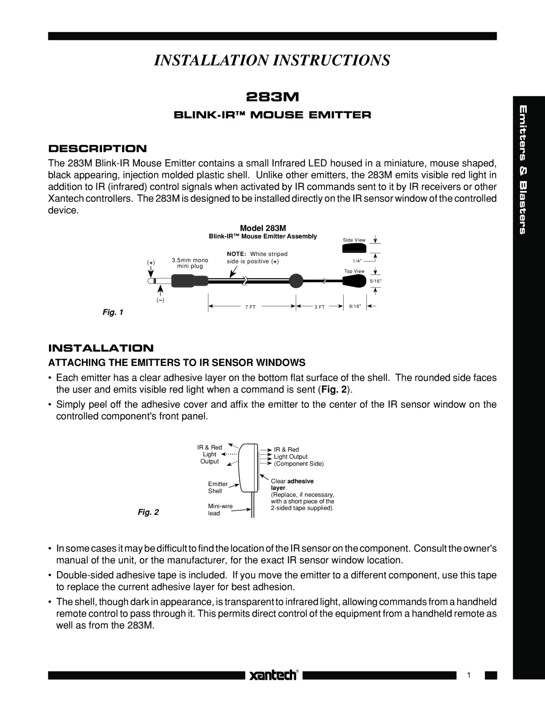 Xantech 283M installation instructions BLINK-IR Mouse Emitter Description 