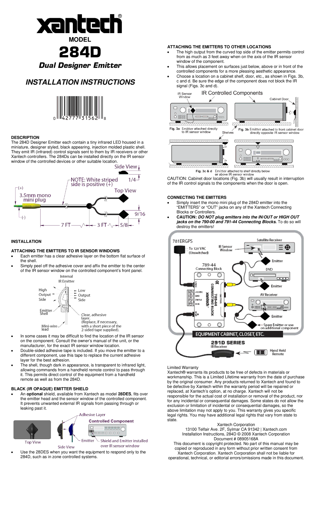 Xantech 284D installation instructions Installation Instructions 