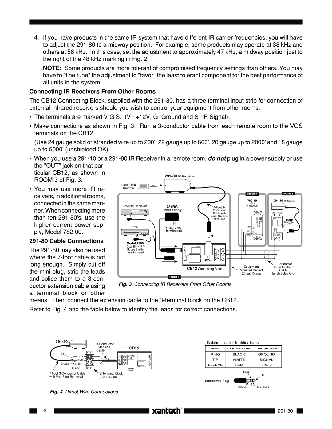 Xantech 291-80 installation instructions Connecting IR Receivers From Other Rooms, Cable Connections, 780-10, CB12 