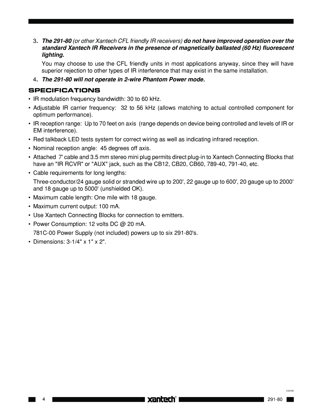 Xantech 291-80 installation instructions will not operate in 2-wire Phantom Power mode, Specifications 