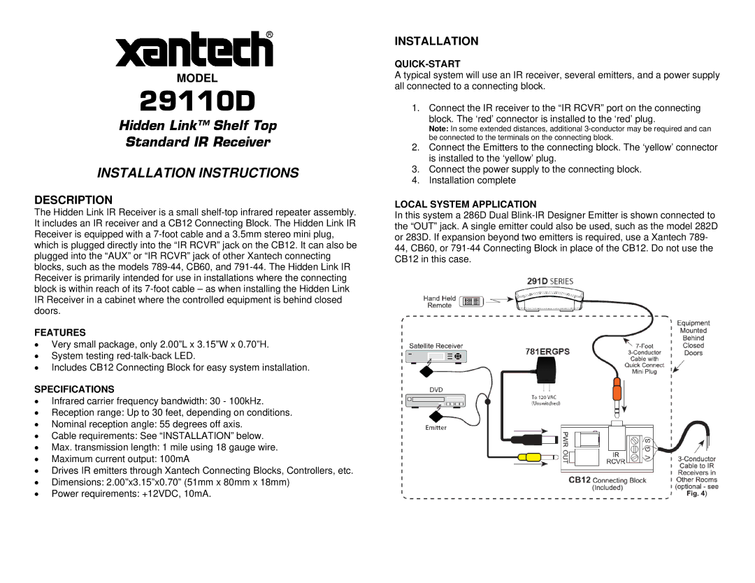 Xantech 29110D installation instructions Model, Description, Installation 