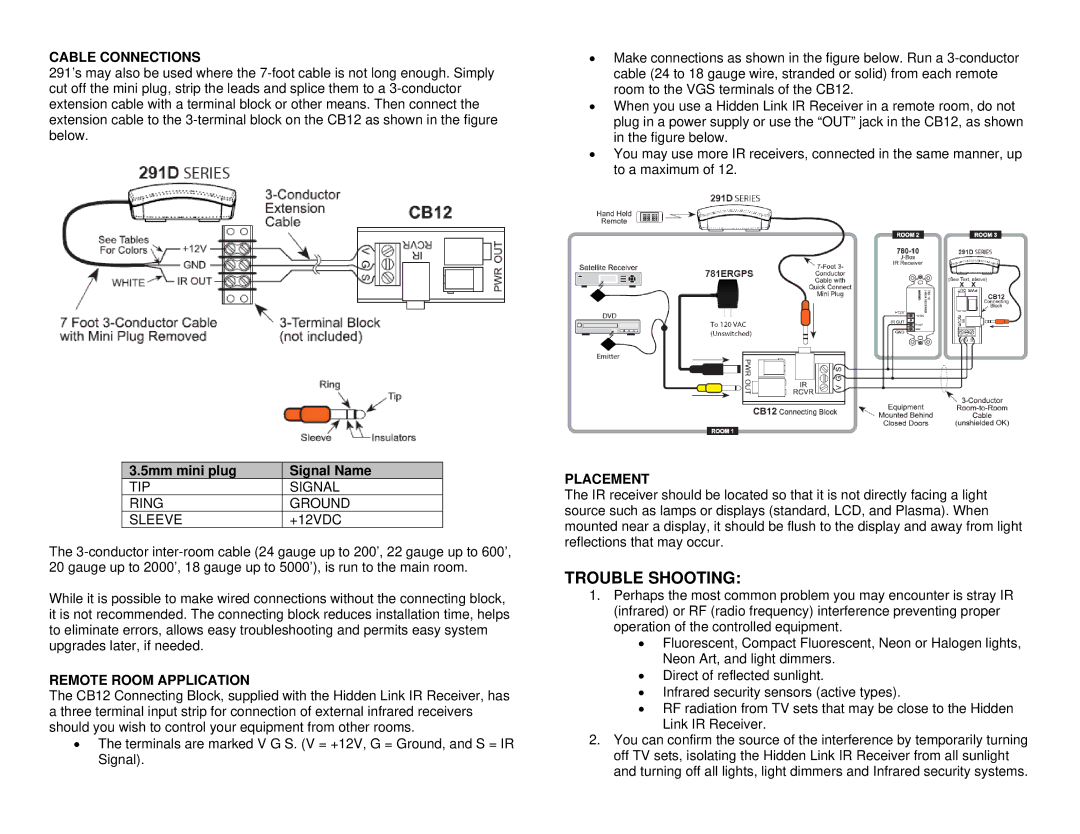 Xantech 29110D installation instructions Trouble Shooting, Cable Connections, Remote Room Application, Placement 