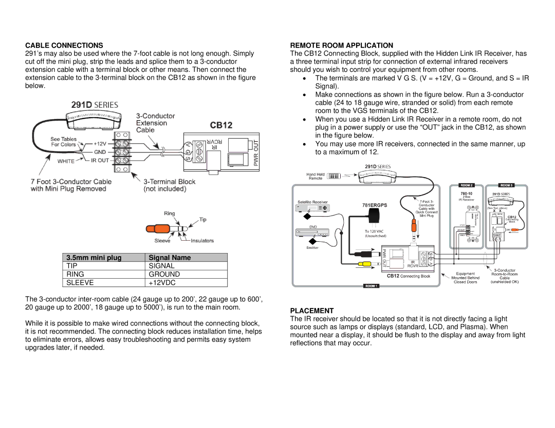 Xantech 29195D installation instructions Cable Connections, Remote Room Application, Placement 