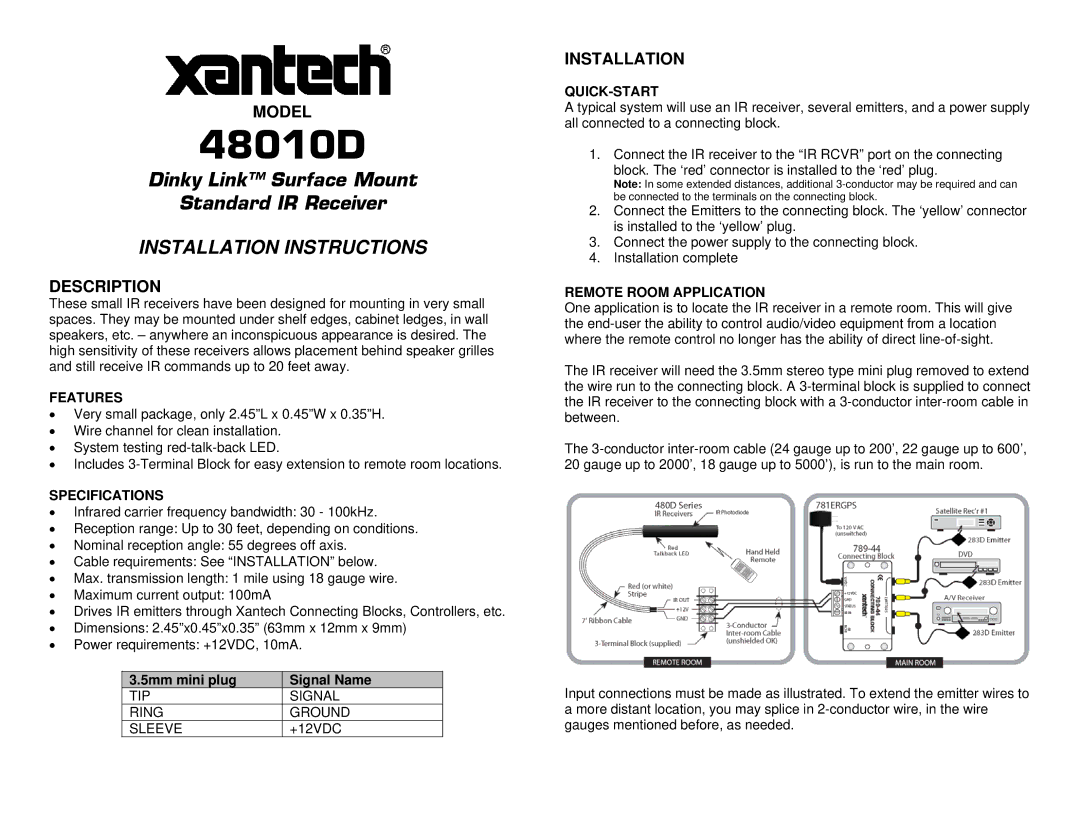 Xantech 48010D installation instructions Model, Description, Installation 