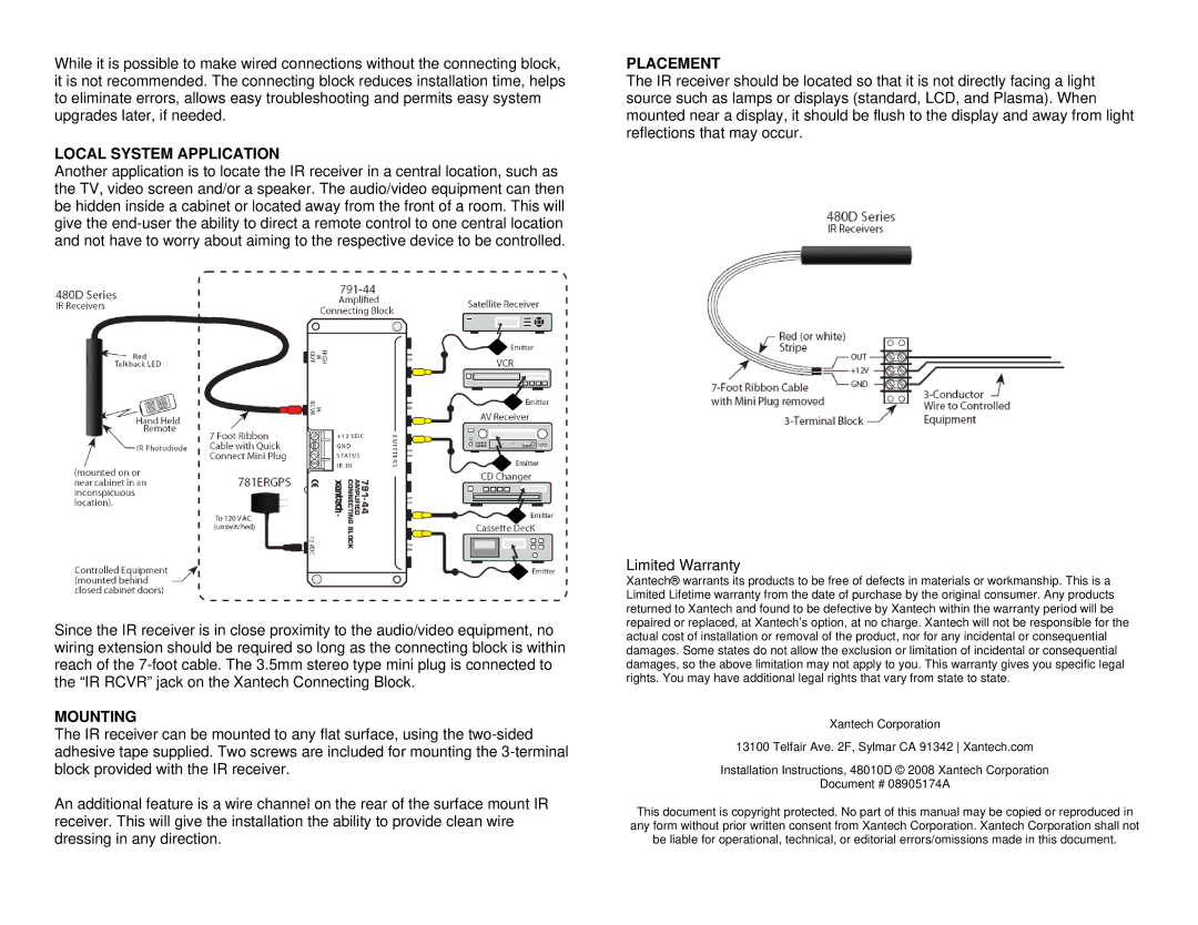 Xantech 48010D installation instructions Local System Application, Mounting, Placement 