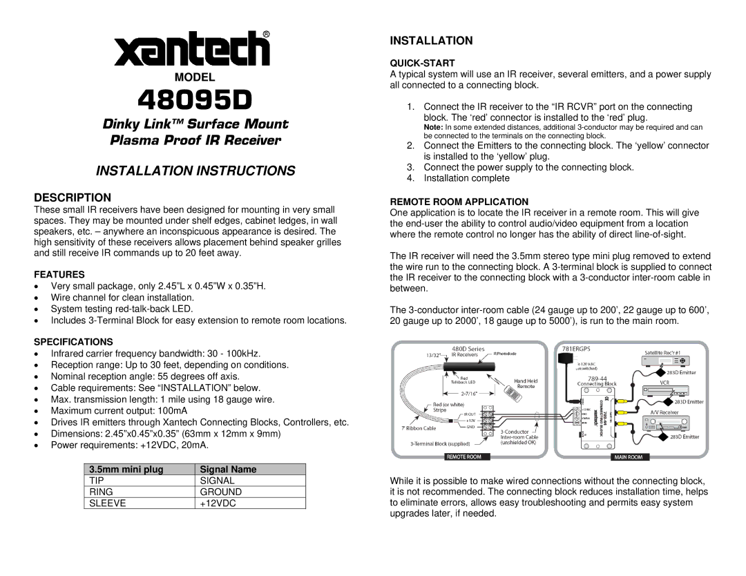 Xantech 48095D installation instructions Model, Description, Installation 