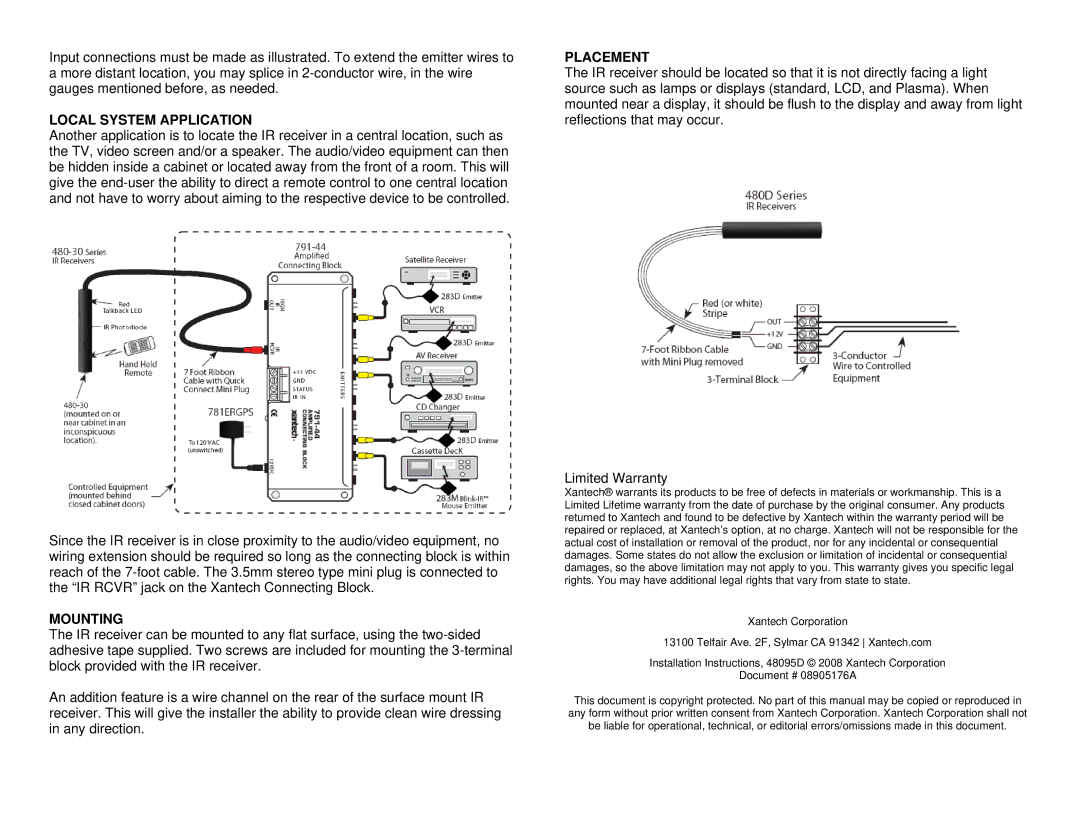 Xantech 48095D installation instructions Local System Application, Mounting, Placement 