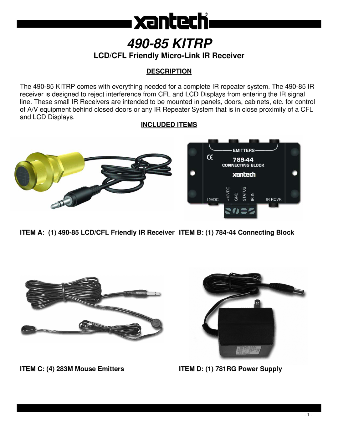 Xantech 490-85 KITRP manual Kitrp, LCD/CFL Friendly Micro-Link IR Receiver, Description, Included Items 