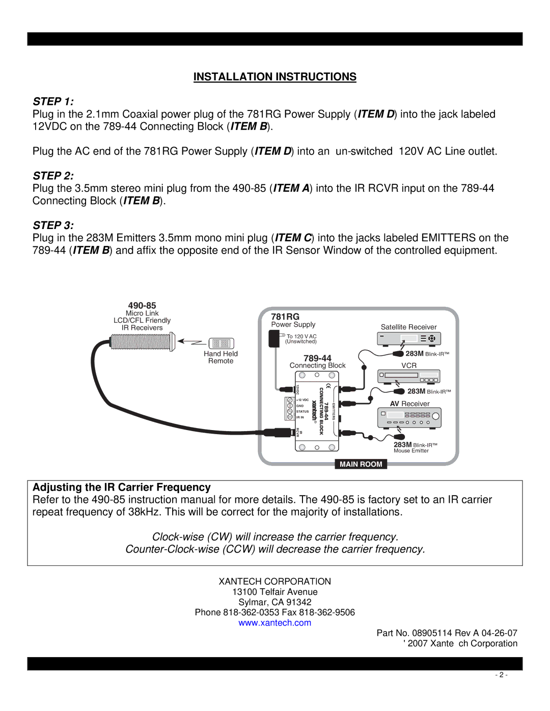 Xantech 490-85 KITRP manual Installation Instructions, Step, Adjusting the IR Carrier Frequency 