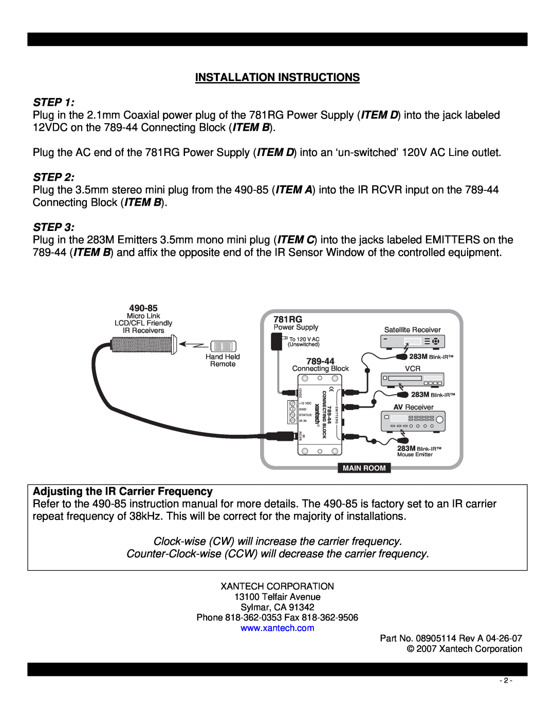 Xantech 490-85 KITRP manual Installation Instructions, Adjusting the IR Carrier Frequency, Step 