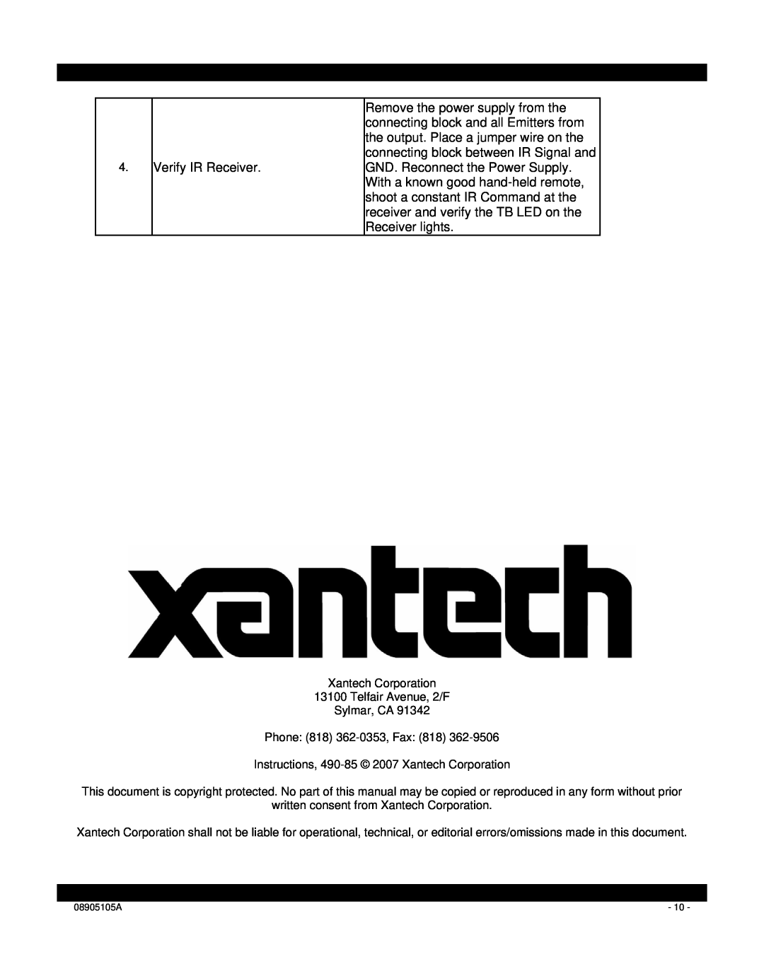 Xantech 490-85 installation instructions Verify IR Receiver 
