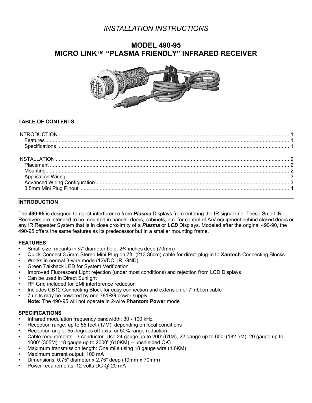 Xantech 490-95 installation instructions Table of Contents, Introduction, Features, Specifications 