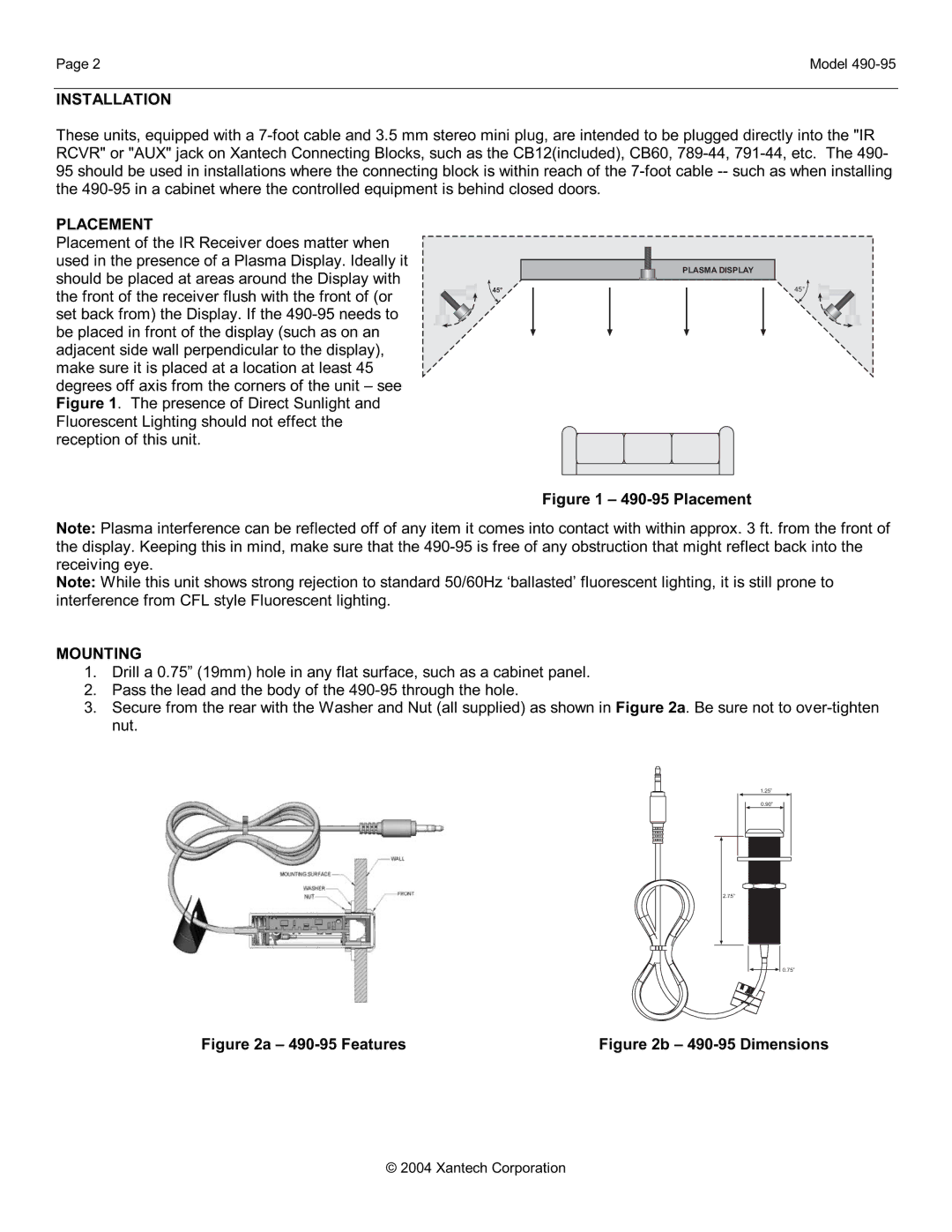 Xantech 490-95 installation instructions Installation, Placement, Mounting 