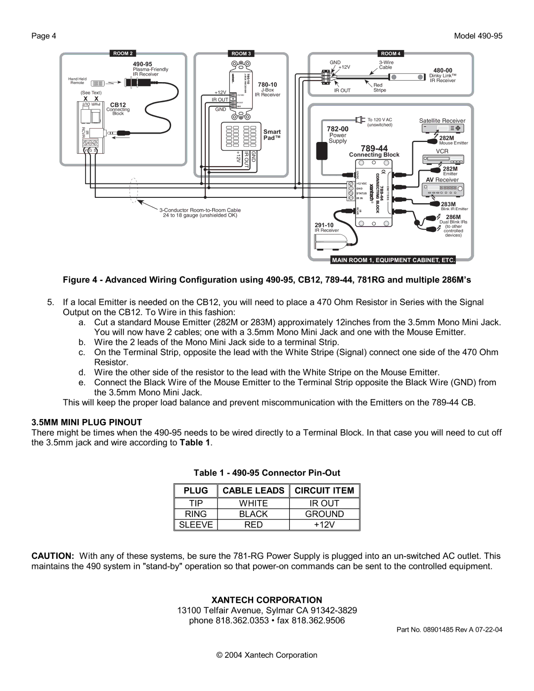 Xantech 490-95 installation instructions 5MM Mini Plug Pinout, Plug Cable Leads Circuit Item, Xantech Corporation 