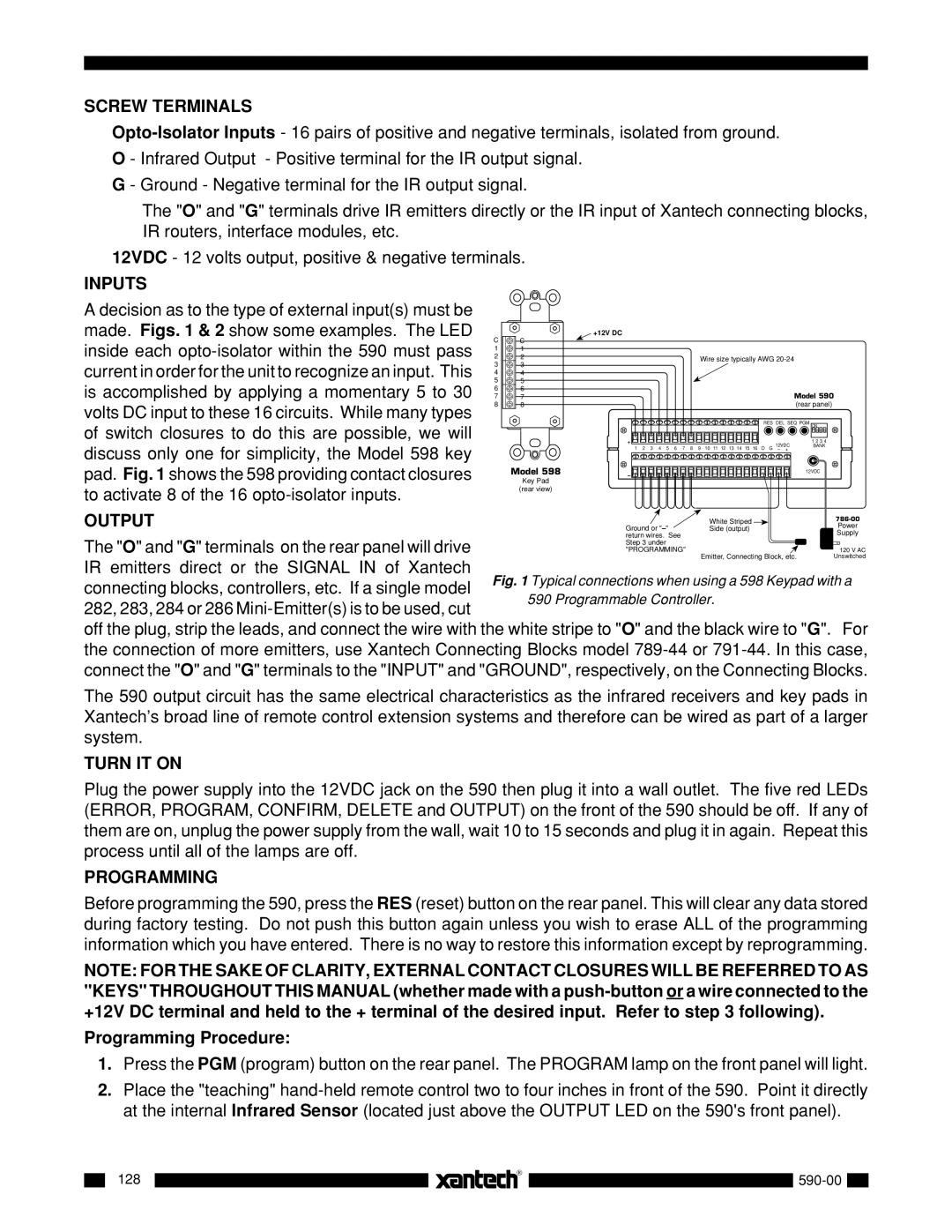 Xantech 590-00 installation instructions Screw Terminals, Inputs, Output, Turn IT on, Programming 