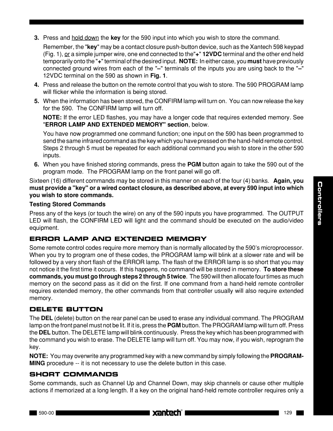 Xantech 590-00 Testing Stored Commands, Error Lamp and Extended Memory, Delete Button, Short Commands 