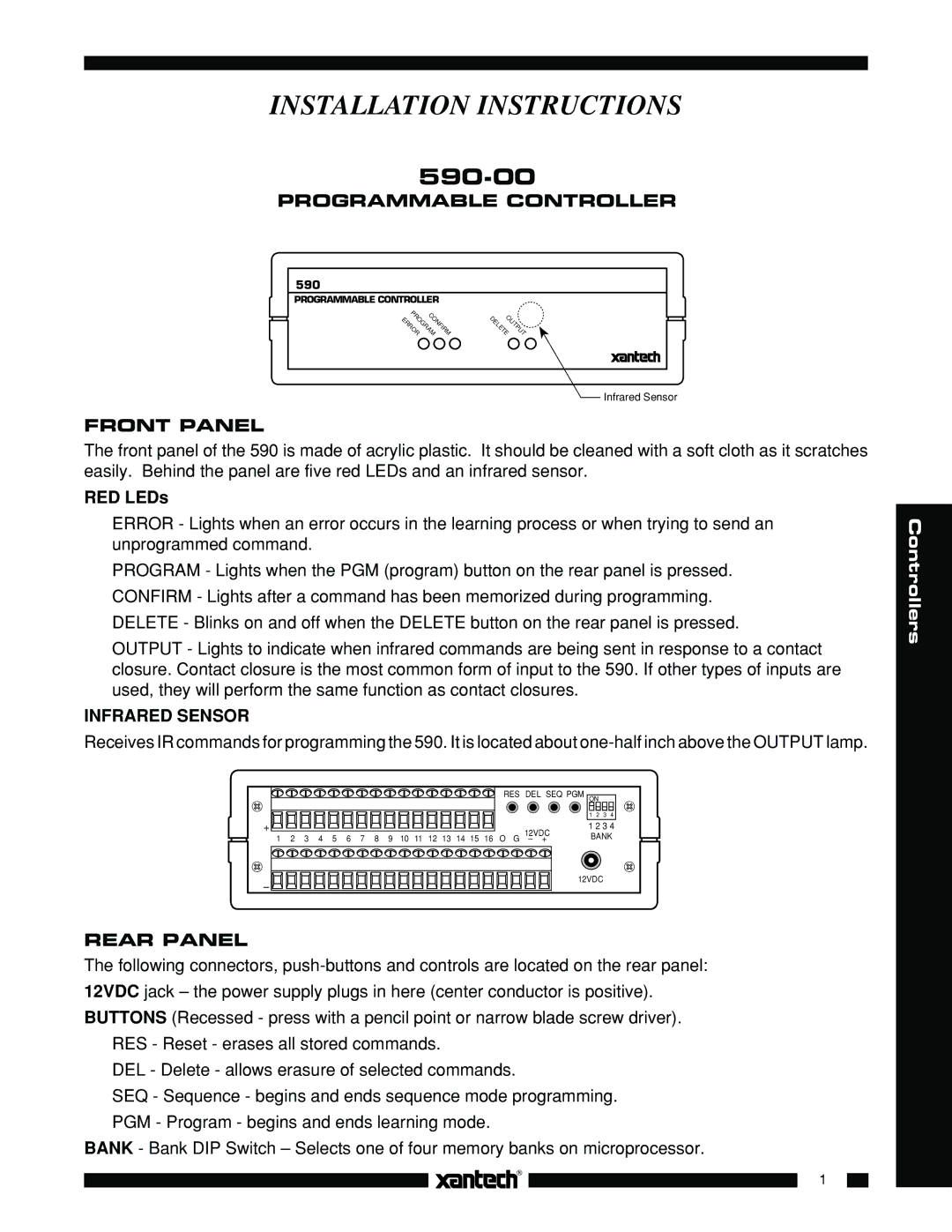 Xantech 590-00 installation instructions Programmable Controller, Front Panel, RED LEDs, Infrared Sensor, Rear Panel 