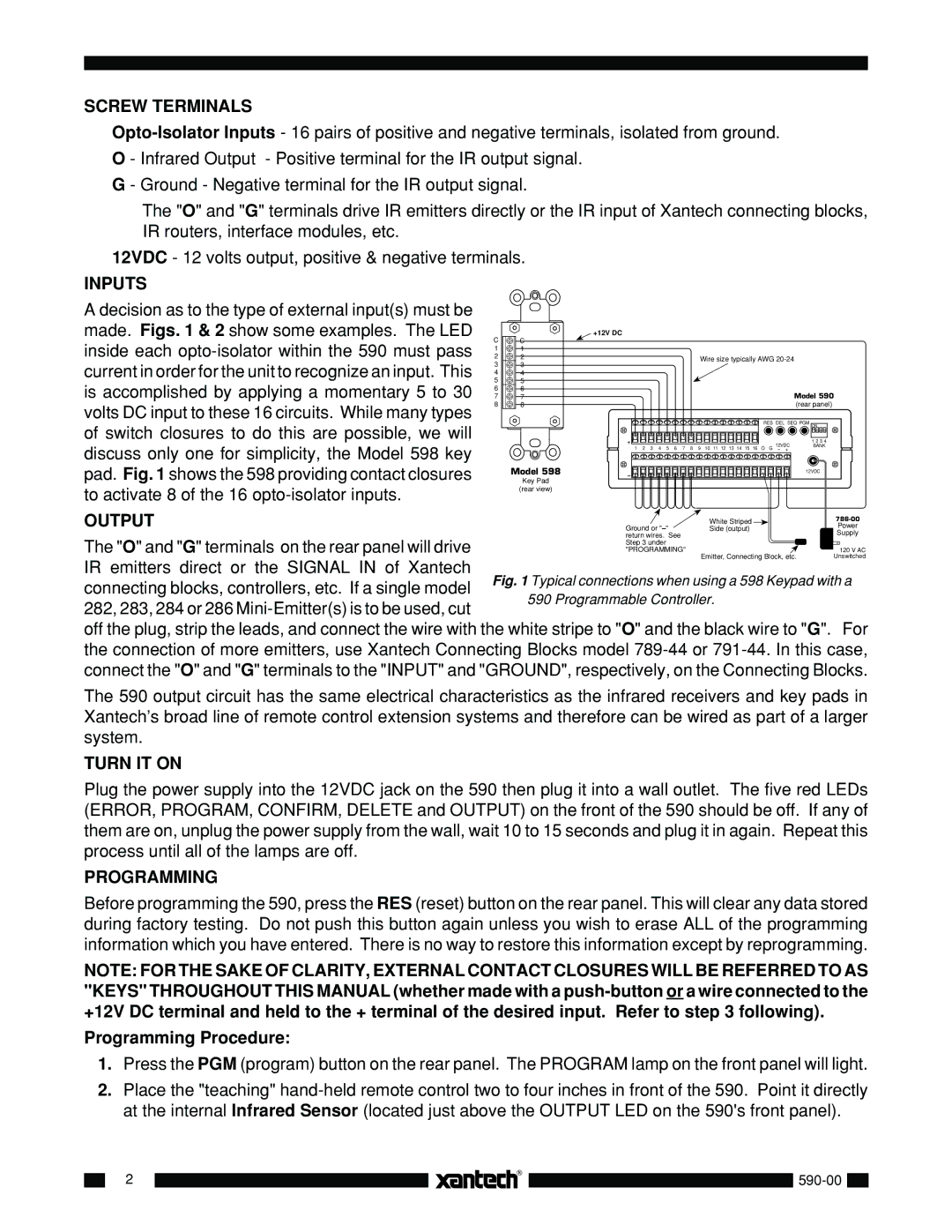 Xantech 590-00 installation instructions Screw Terminals, Inputs, Output, Turn IT on, Programming 