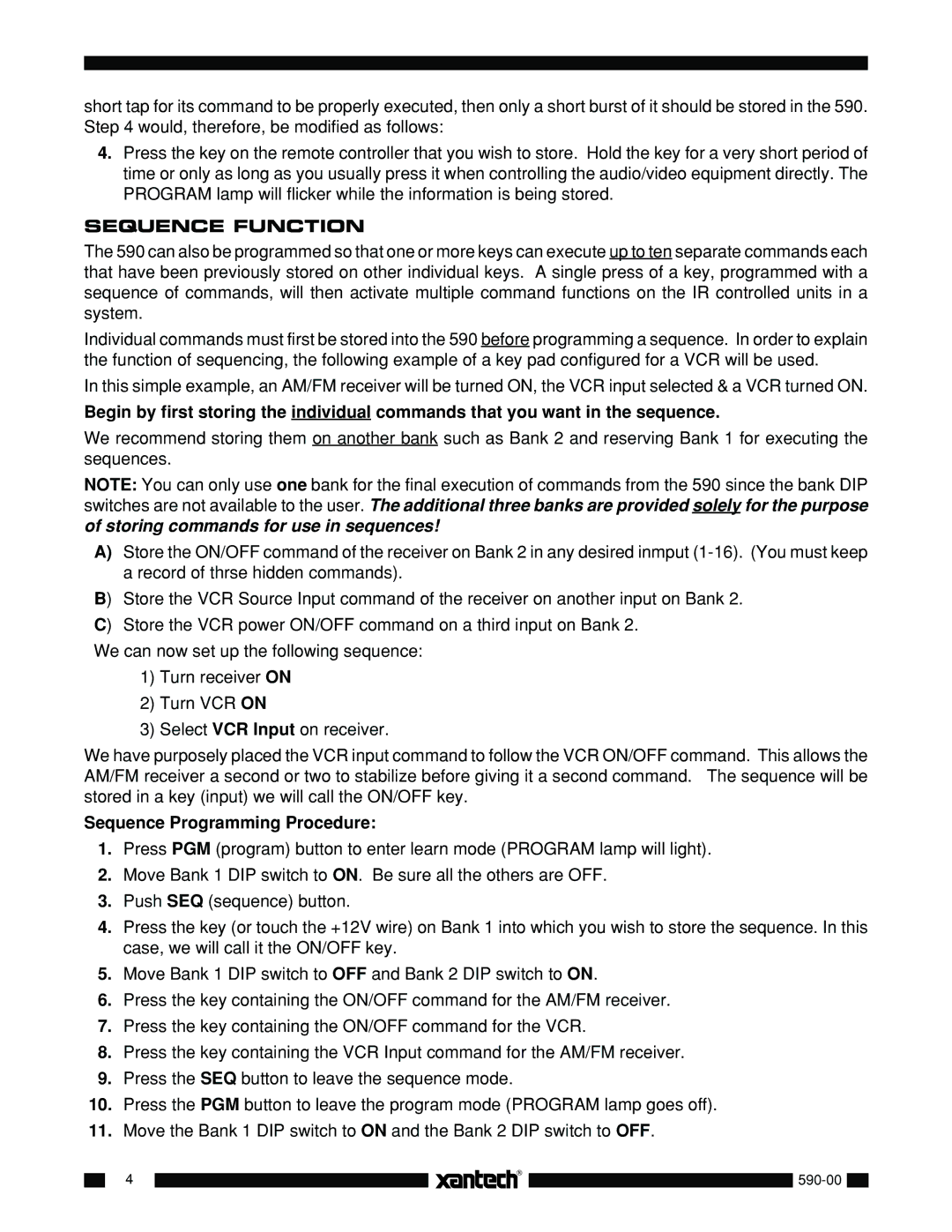 Xantech 590-00 installation instructions Sequence Function, Sequence Programming Procedure 