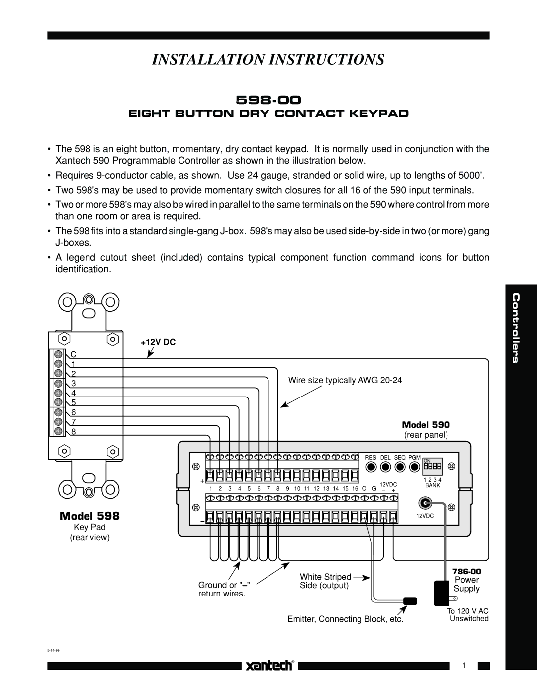 Xantech 598-00 installation instructions Installation Instructions, Model, Eight Button DRY Contact Keypad, Controllers 