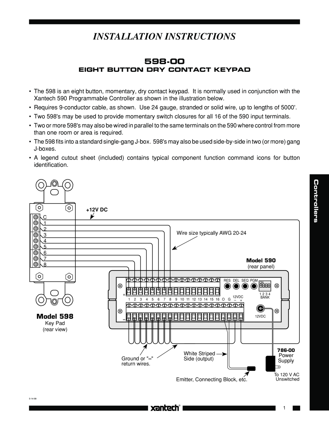 Xantech 598-00 installation instructions Installation Instructions, Model, Eight Button Dry Contact Keypad 