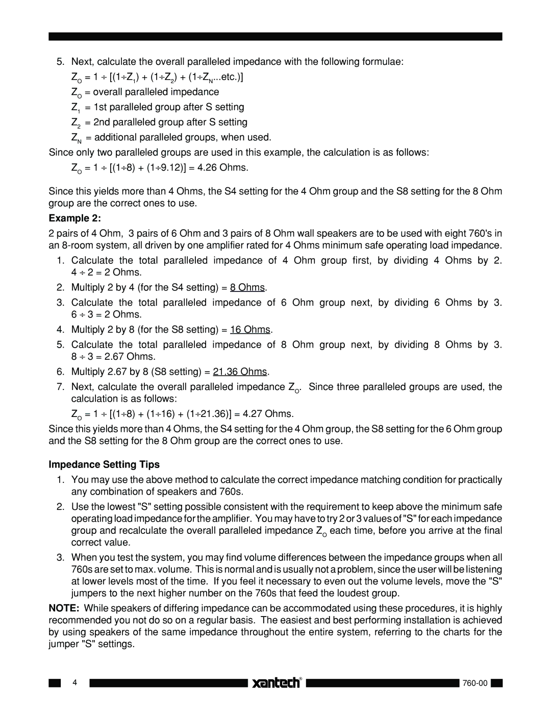 Xantech 760-00 installation instructions Impedance Setting Tips 