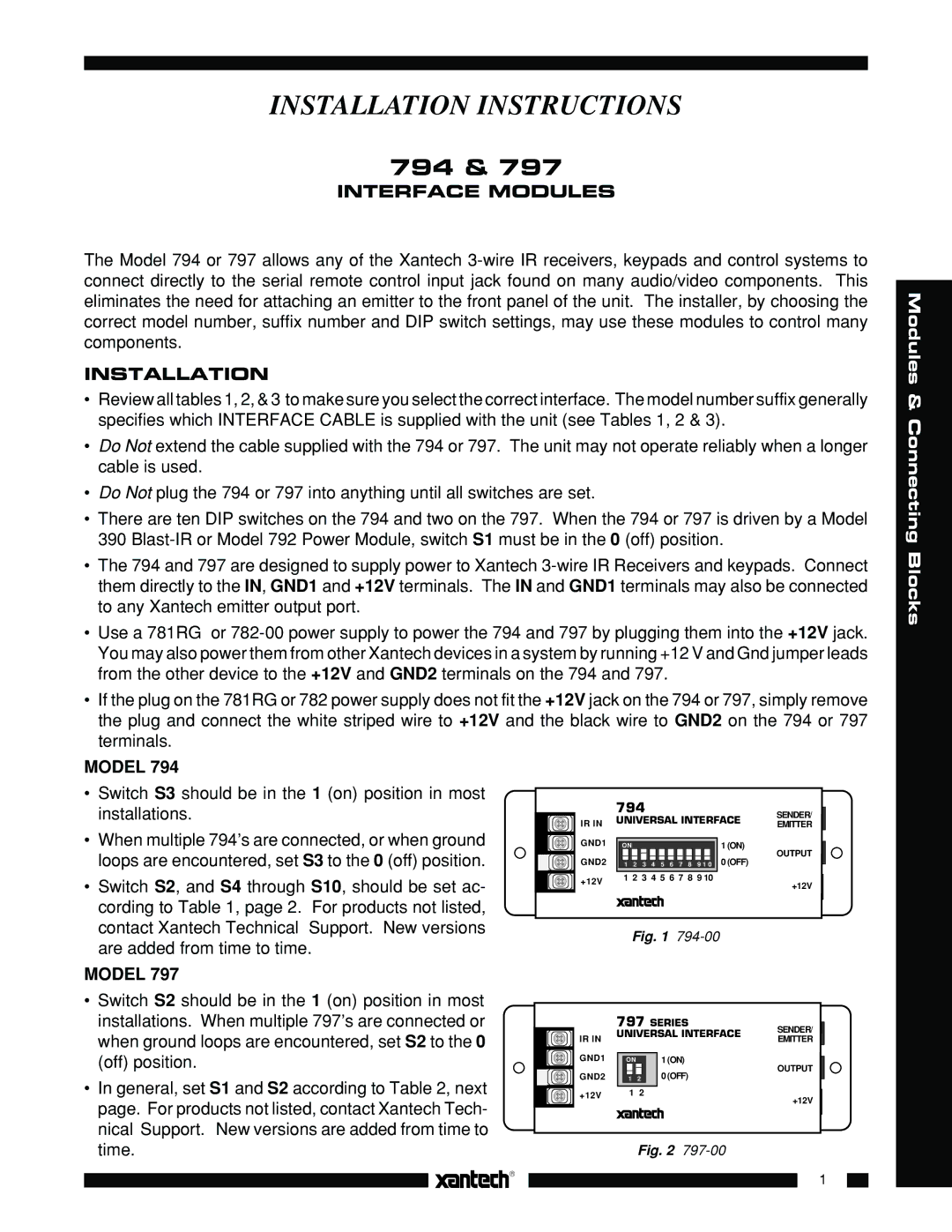 Xantech 794, 797 installation instructions Interface Modules, Installation, Model 