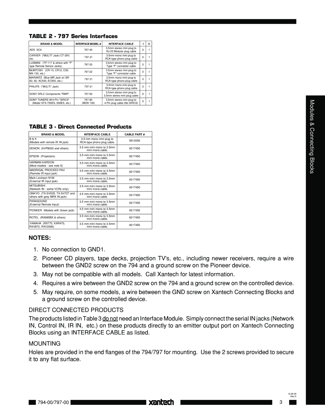 Xantech 794, 797 installation instructions Direct Connected Products, Mounting, Series Interfaces 