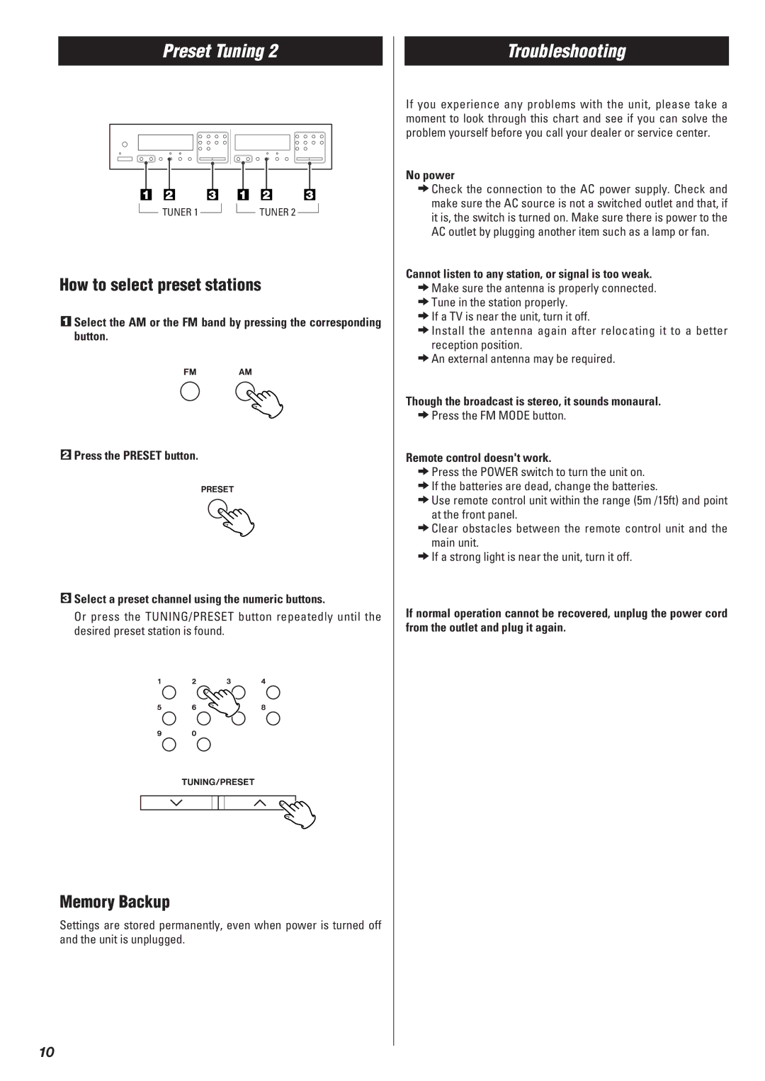 Xantech AM/FM Radio Tuner owner manual Troubleshooting, How to select preset stations, Memory Backup 