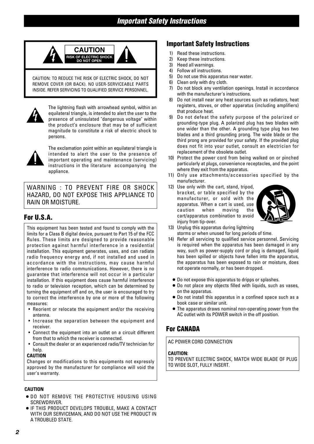 Xantech AM/FM Radio Tuner owner manual Important Safety Instructions, For U.S.A, For Canada 