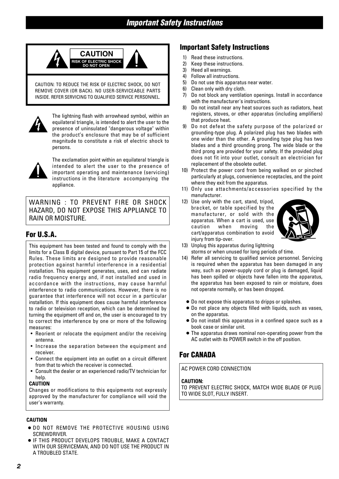 Xantech AM/FM Radio Tuner owner manual Important Safety Instructions, For U.S.A, For CANADA 