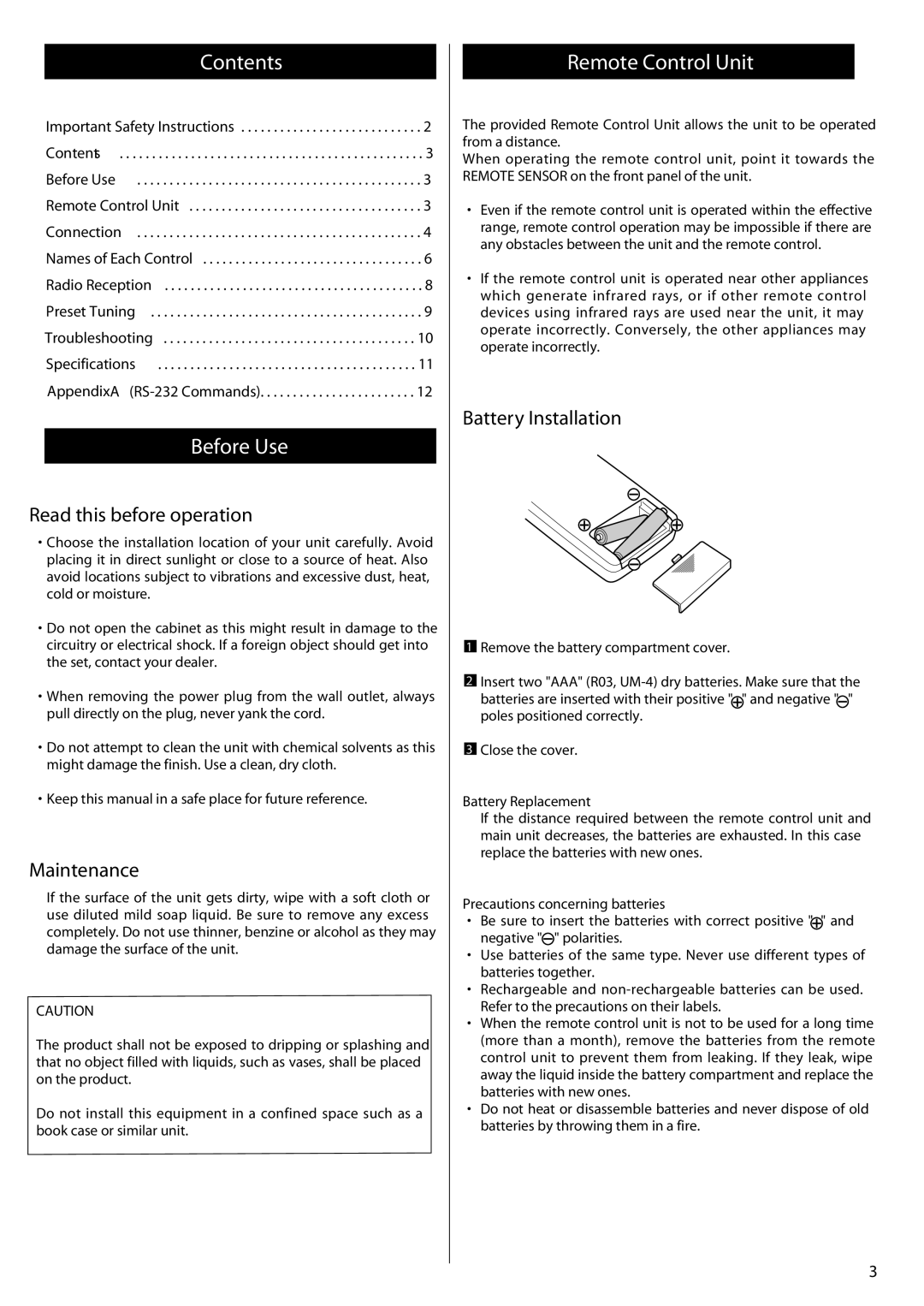 Xantech AM/FM Radio Tuner owner manual Contents, Before Use, Remote Control Unit, Read this before operation, Maintenance 
