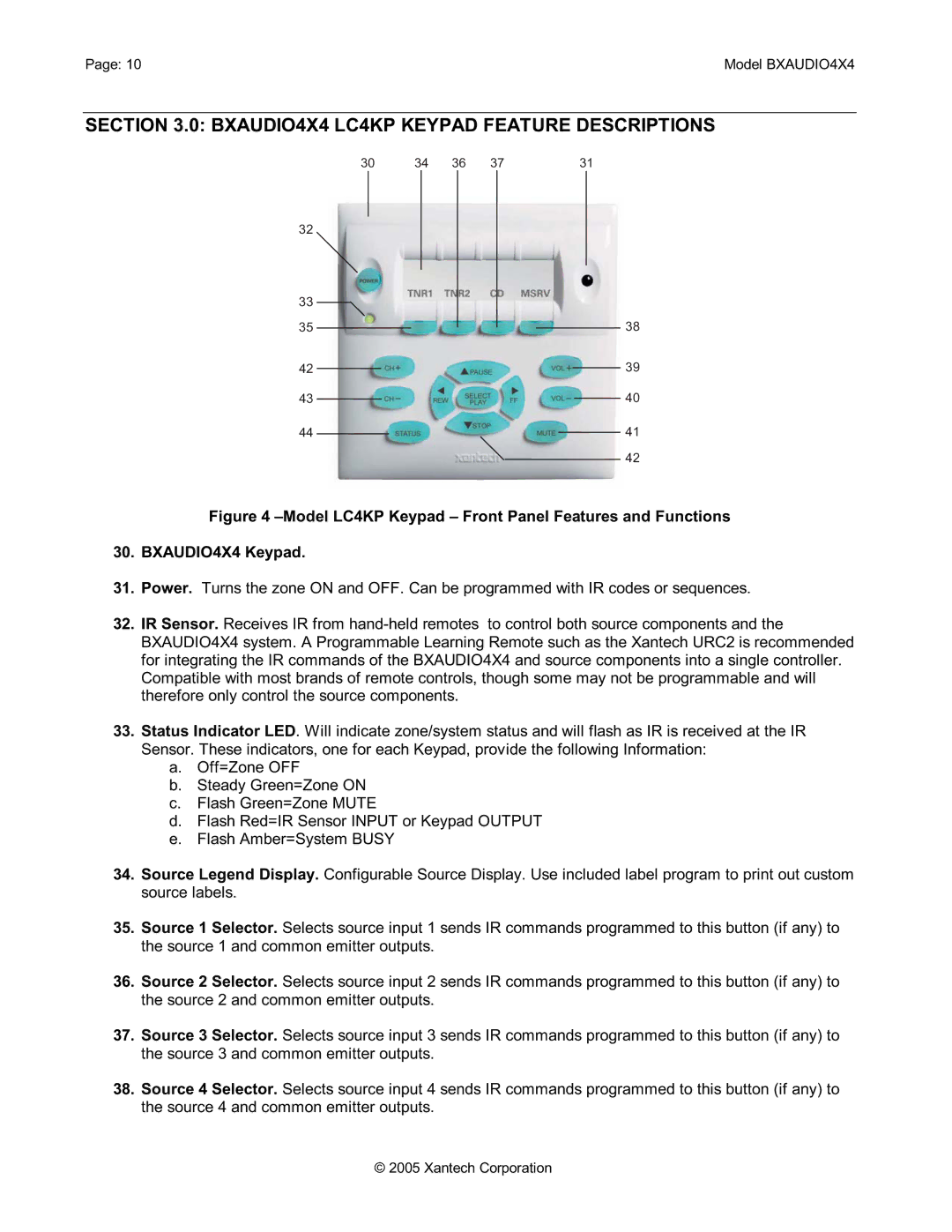 Xantech installation instructions BXAUDIO4X4 LC4KP Keypad Feature Descriptions 