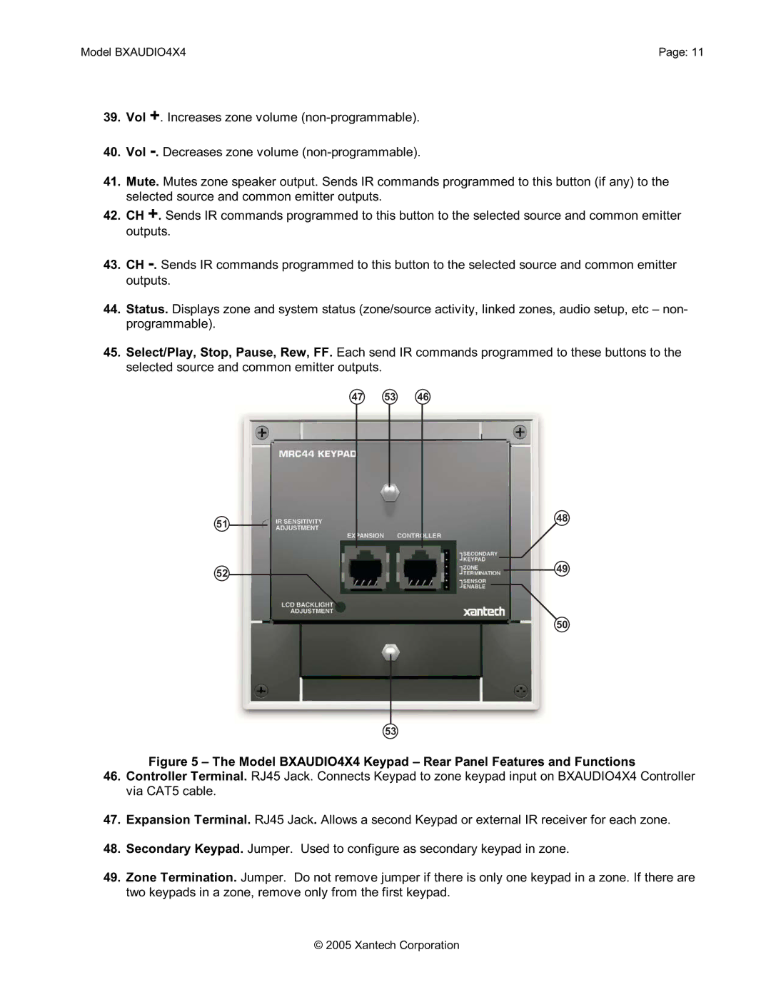 Xantech installation instructions Model BXAUDIO4X4 Keypad Rear Panel Features and Functions 