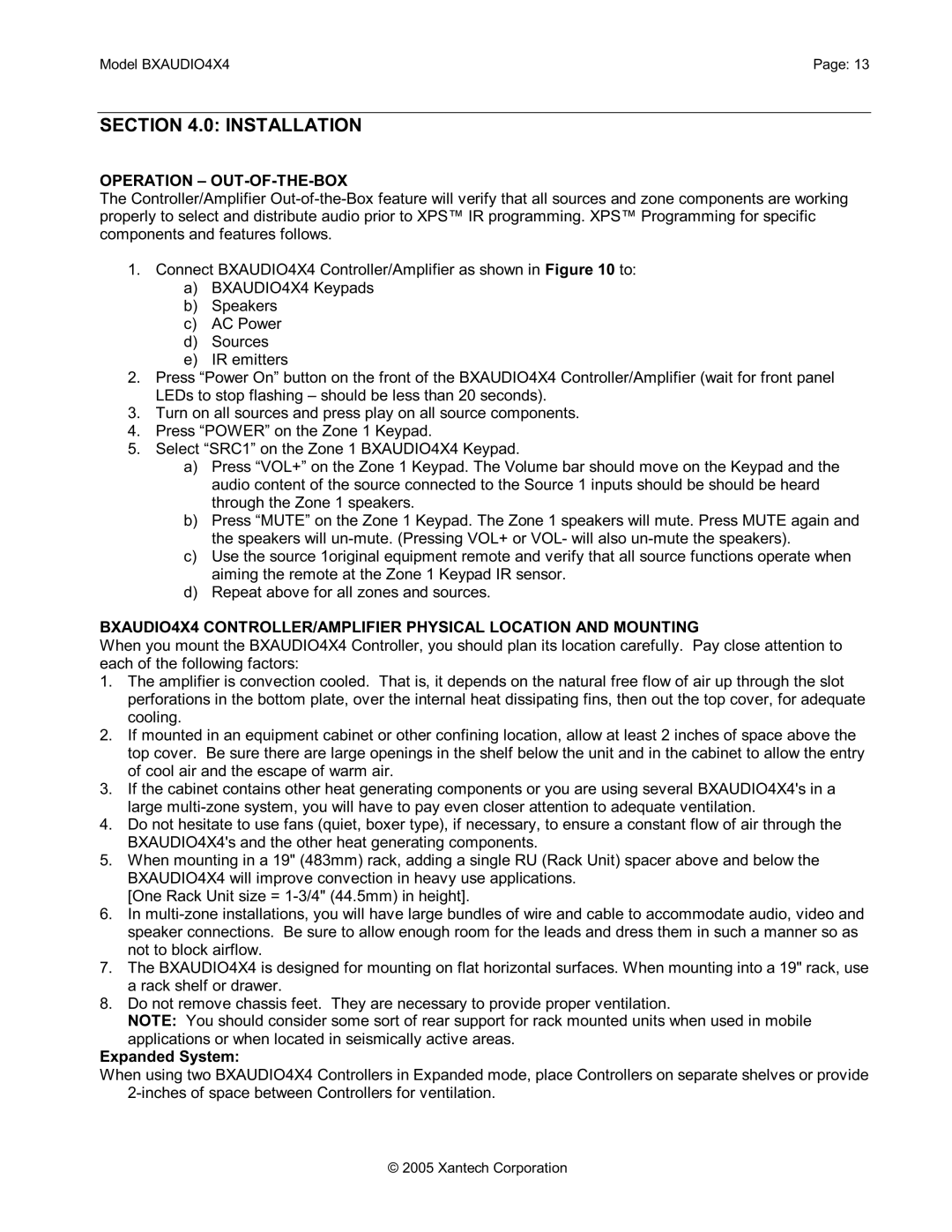 Xantech BXAUDIO4X4 installation instructions Installation, Operation OUT-OF-THE-BOX, Expanded System 