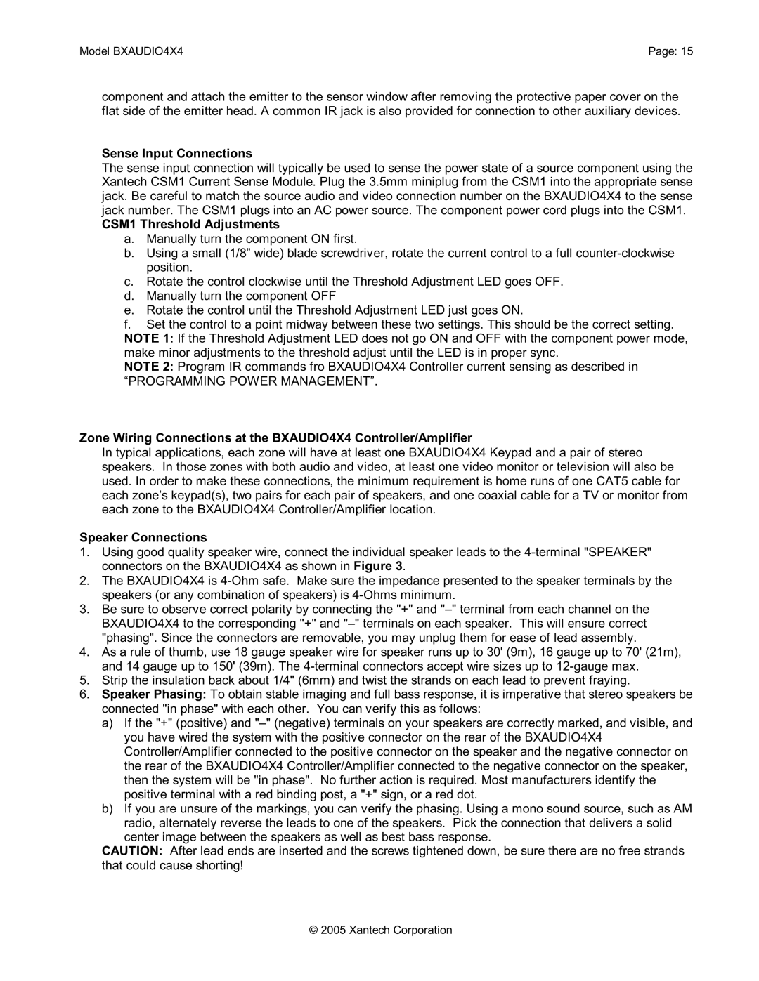 Xantech BXAUDIO4X4 installation instructions Sense Input Connections, CSM1 Threshold Adjustments, Speaker Connections 