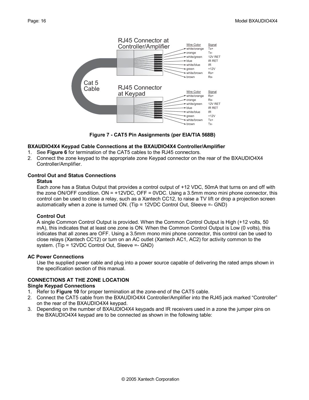 Xantech BXAUDIO4X4 Control Out and Status Connections, AC Power Connections, Connections AT the Zone Location 