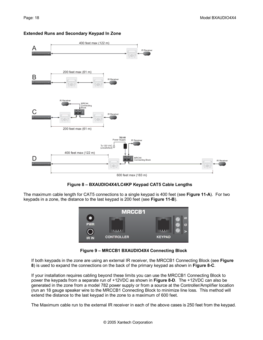 Xantech installation instructions Extended Runs and Secondary Keypad In Zone, BXAUDIO4X4/LC4KP Keypad CAT5 Cable Lengths 