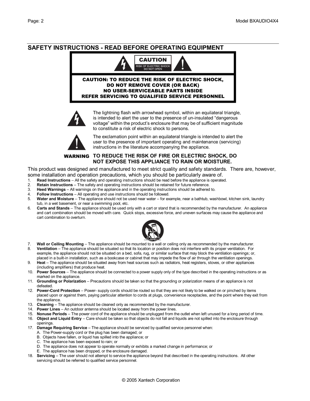 Xantech BXAUDIO4X4 Safety Instructions Read Before Operating Equipment, Not Expose this Appliance to Rain or Moisture 