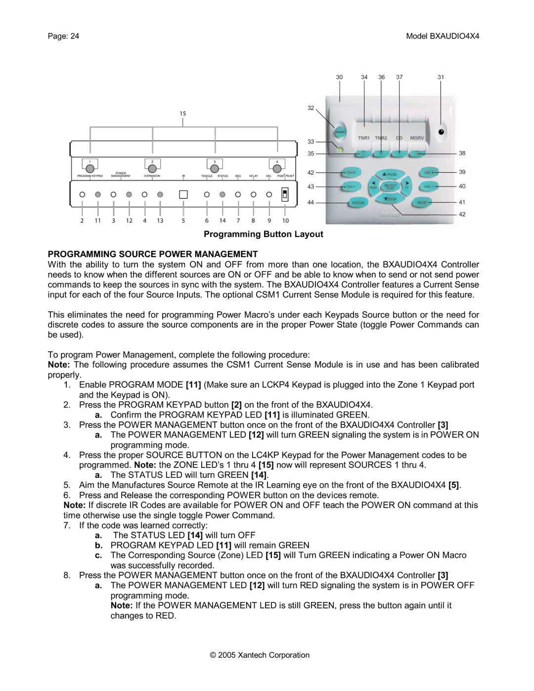 Xantech BXAUDIO4X4 installation instructions Programming Source Power Management 