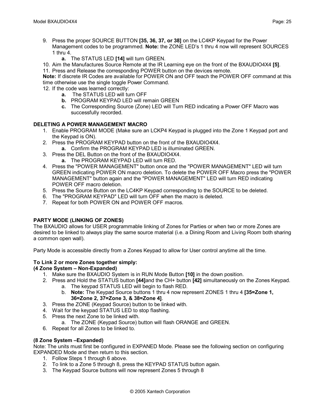 Xantech BXAUDIO4X4 Deleting a Power Management Macro, Party Mode Linking of Zones, Zone System -Expanded 