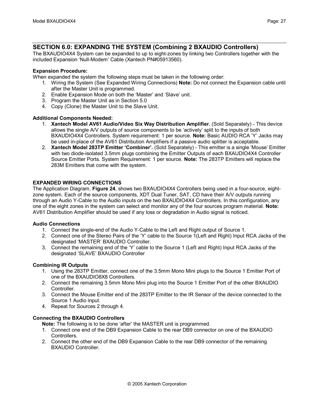 Xantech BXAUDIO4X4 installation instructions Expansion Procedure, Expanded Wiring Connections, Combining IR Outputs 