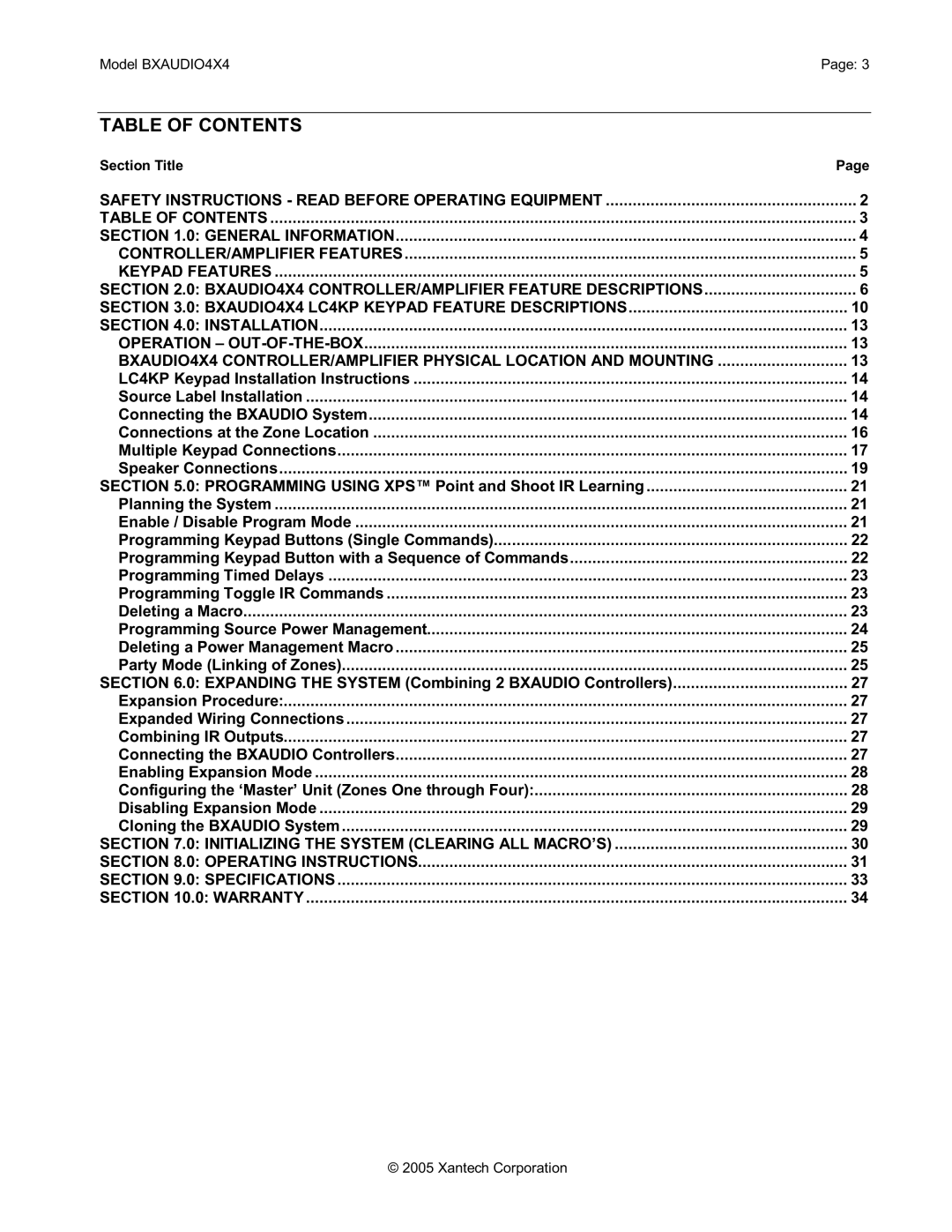 Xantech BXAUDIO4X4 installation instructions Table of Contents 