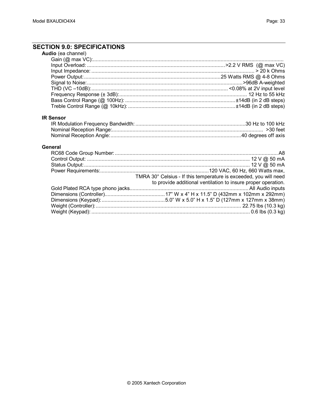 Xantech BXAUDIO4X4 installation instructions Specifications, IR Sensor, General 